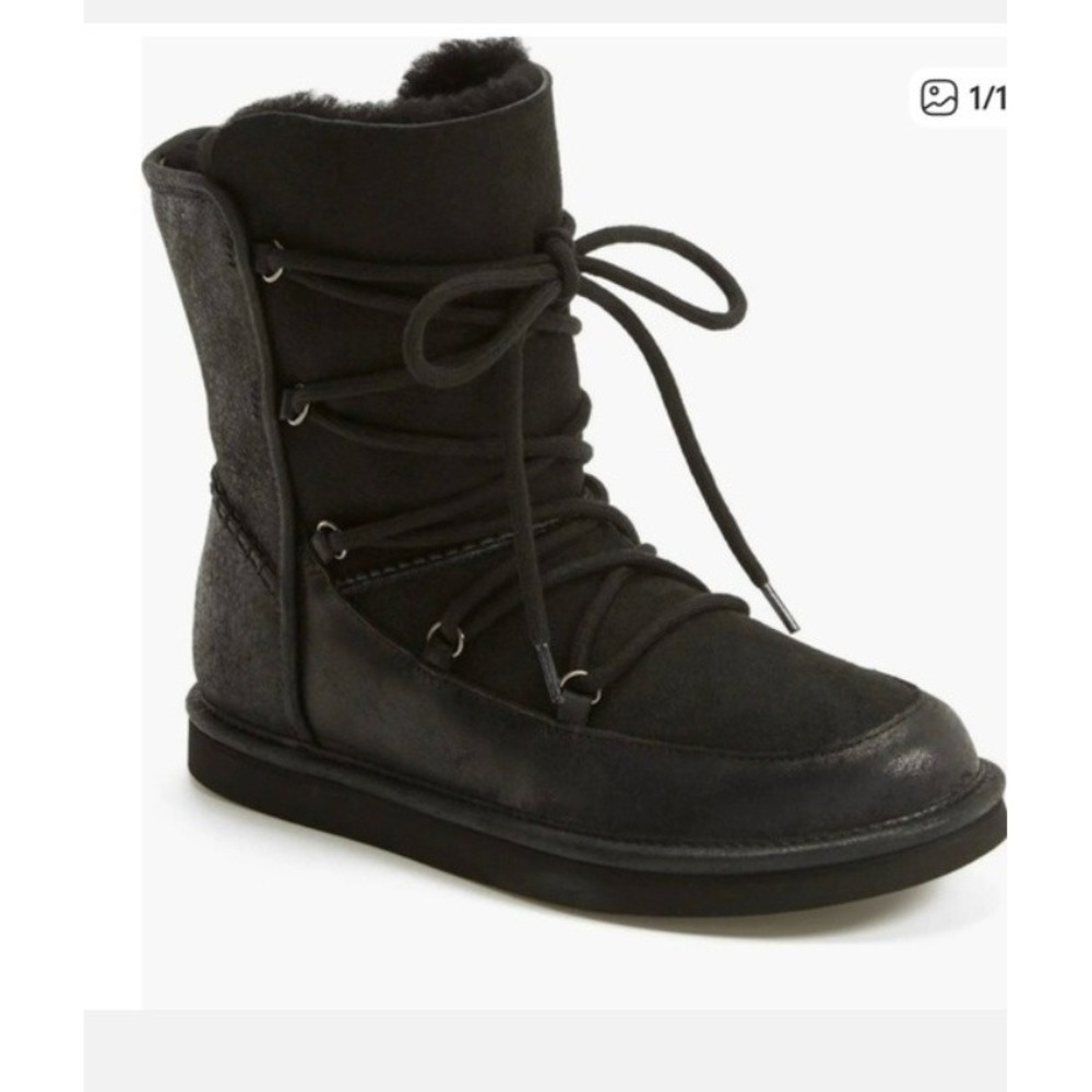 Ugg Lodge Black Sherpa Lined Lace Up Boots Size 8